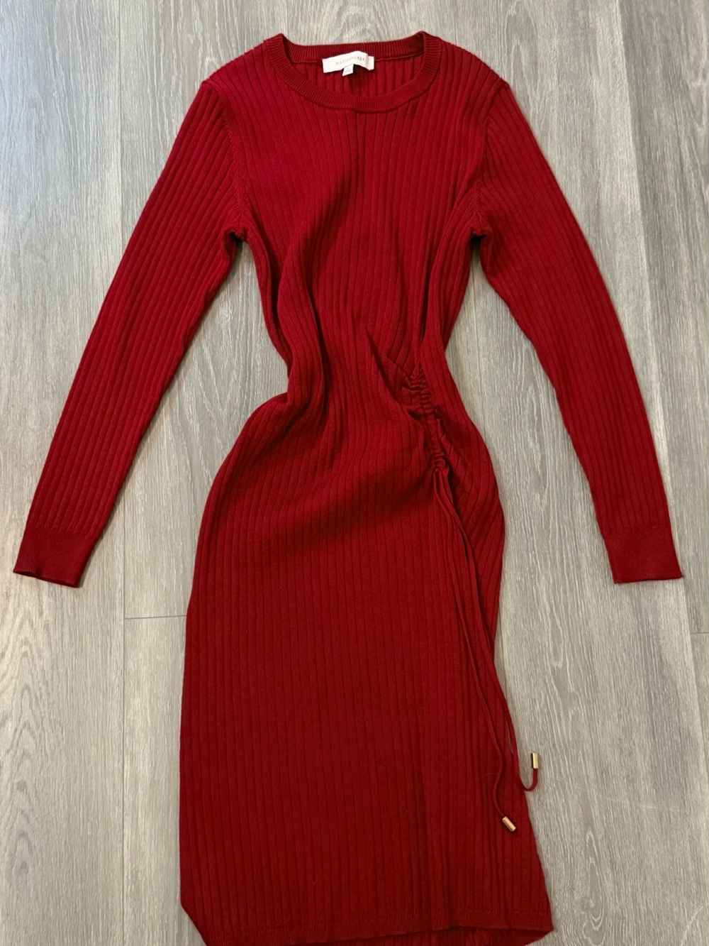 Long-Sleeve Red Ribbed Knit Dress with Side Drawstring